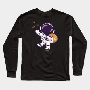 Cute Astronaut Bring Money Bag With Gold Coin Cartoon Long Sleeve T-Shirt